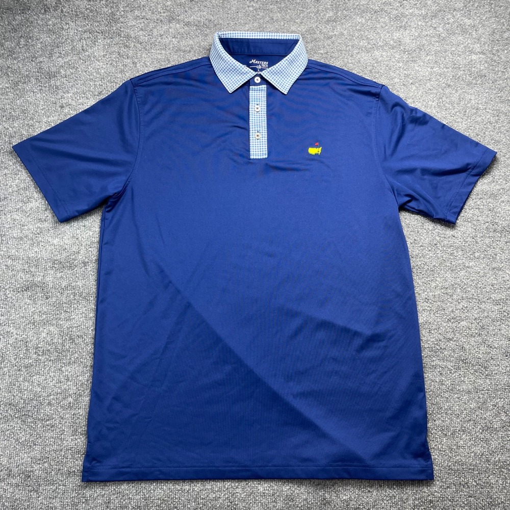 Masters Tech Golf Polo Mens Large Blue Gingham Collar Performance Shirt RN133979